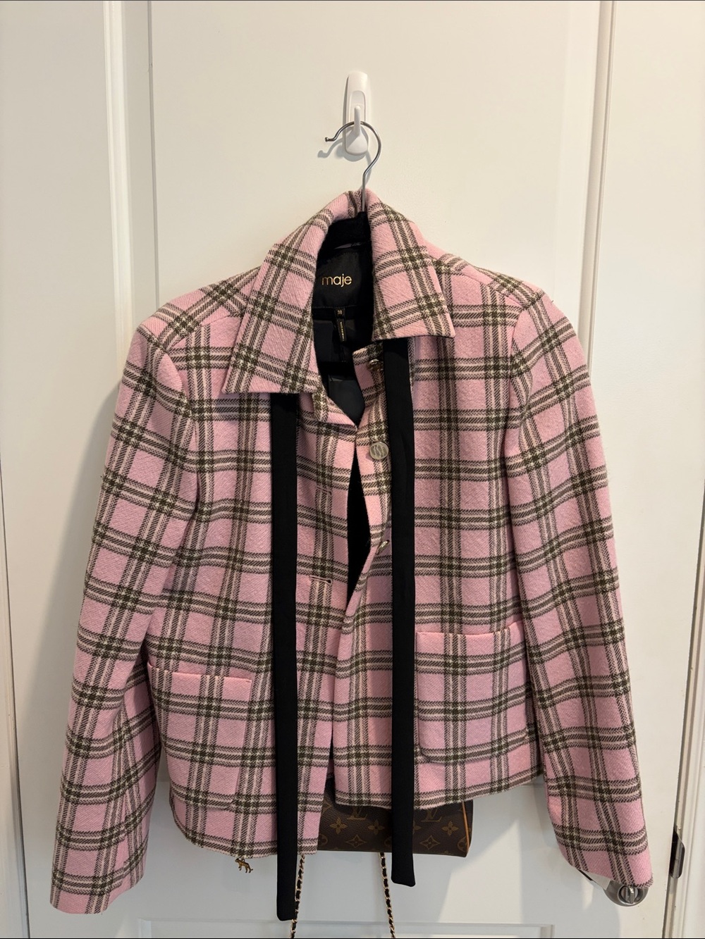 Maje Pink and Gray Plaid Tailored Jacket